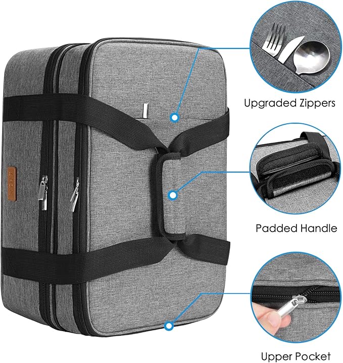 LHZK Insulated Casserole Carrier - Expandable Holder Tote for Hot or Cold Food, Fits 11 x 15 or 9 x 13 Baking Dishes - For Potlucks, Picnics, Beach (Grey)