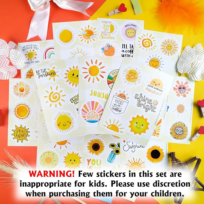 BulbaCraft 100Pcs Small Sunshine Stickers, Sun Stickers and Decals for Laptop and Water Bottles, You are My Sunshine Decals and Party Favors, Sun Birthday Party Decorations, Gifts for Women & Men