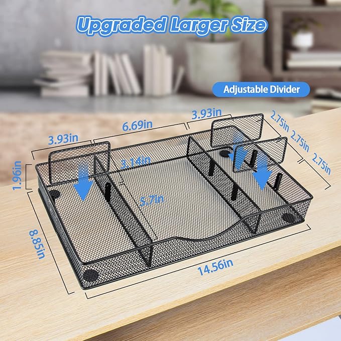 Desk Drawer Organizer, Metal Mesh Drawer Organizer Tray with 6 Adjustable Compartments, Tray Organizer for Desktop, Kitchen, Bathroom, Makeup, Vanity - 14.5x8.8x1.96 inch, Black, 1PC Large