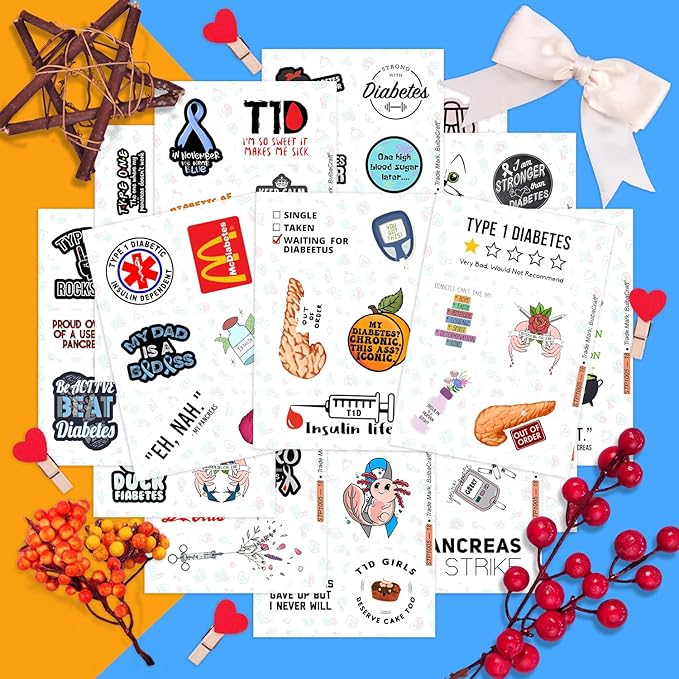 BulbaCraft 100Pcs Funny Diabetes Stickers for Water Bottle & Laptop - Gifts for Diabetics, Diabetes Awareness Month, Waterproof Vinyl Decals, Gifts for Women & Men
