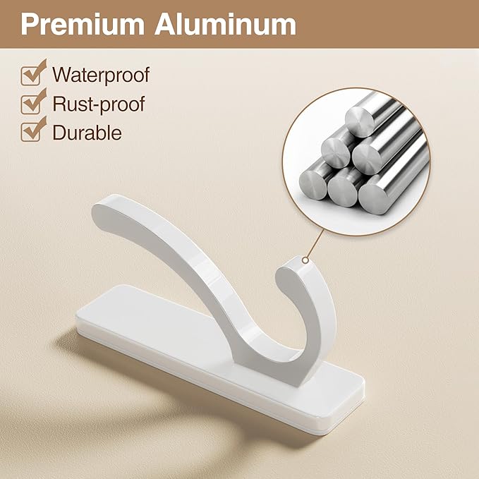 pickpiff Adhesive Wall Hooks for Towels - Sticky Hook Hanging Heavy Duty (13lb), Hanger for Door, Bathroom, Dorm, Closet - for Coats, Purse, Bag, Robe - No Damage to Wall - White 6 Pack
