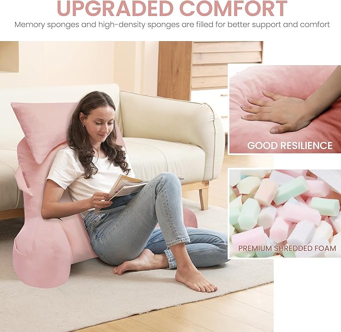 Portable Reading Pillows with Headrest for Bed Sitting Up(Pink Oeko-Tex), Velvet Back Pillow with Arms & Pockets for Adults, Support Memory Foam Bed Pillow for Dorm/Reading/Watching/Gaming