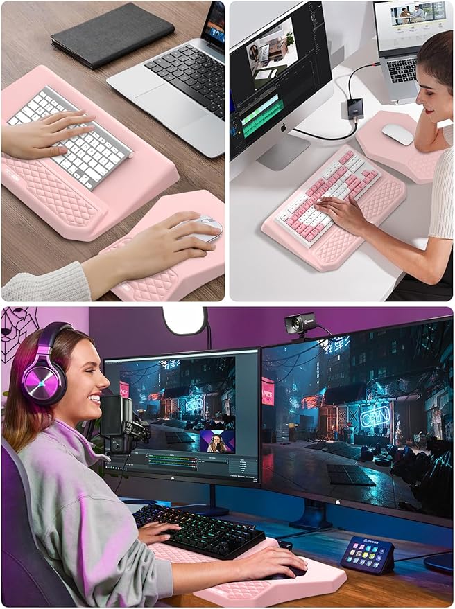 3-in-1 Ergonomic Keyboard Stand with Wrist Rest & Mouse Pad Set, Comfy Keyboard Riser Holder Soft Mousepad with Massage Design, Memory Foam and Non-Slip PU Base for Pain Relief, Pink