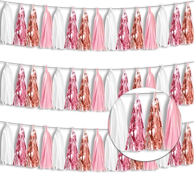 3P Metallic Fringe Tassel Banner Garland Foil Tinsel Streamer Wall Hanging Curtain Backdrop for Parade Floats, Graduation, Wedding, Birthday, Retirement Party Decorations (Rose-Gold Pink White)