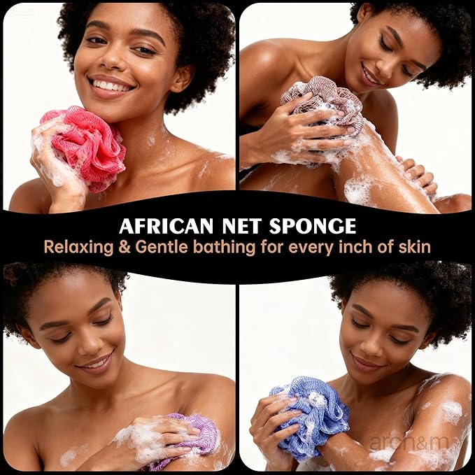 African Exfoliating Net Sponge Afroscrub - Authentic African Net Sponge with Knots Exfoliating Wash Cloths for Body Scrubber Back Scrub Exfoliator for Shower Bath Black by ARCH&M