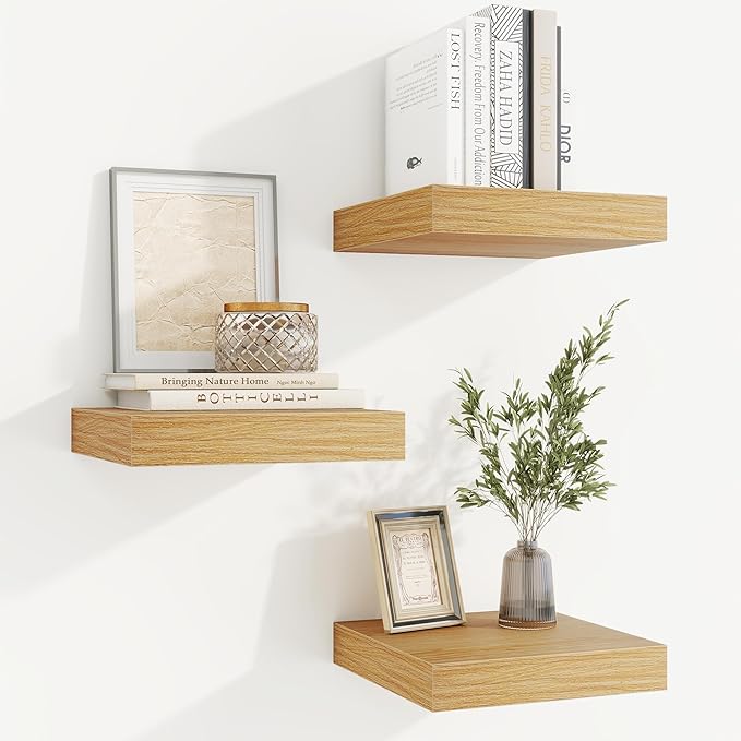 fuqing Floating Shelves for Wall, Wall Mounted Wood Floating Shelf with Invisible Brackets for Living Room, Bathroom, Bedroom, Kitchen Storage and Decor, 6.5 Inch Set of 3, Oak