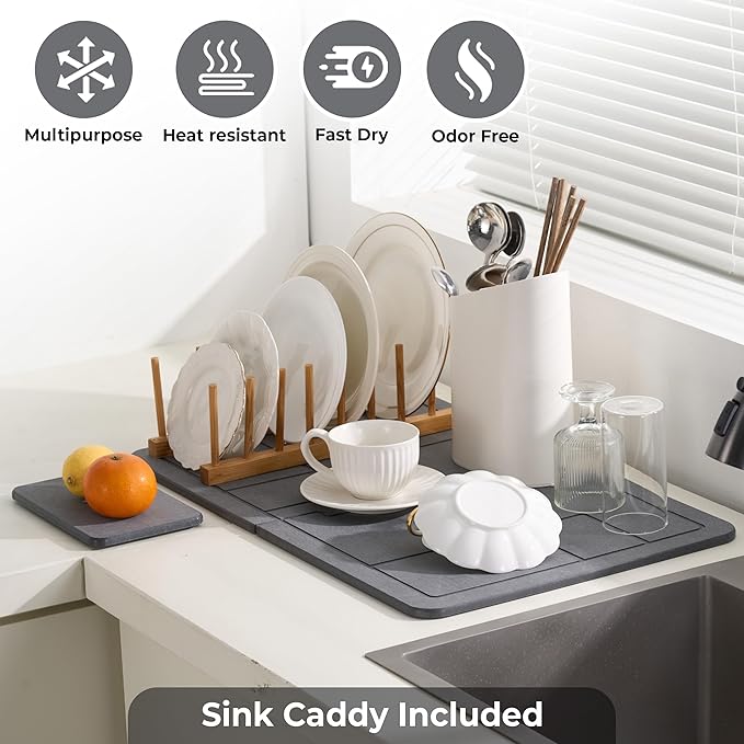 Large Stone Dish Drying Mat for Kitchen Counter, 2PCS Stone Drying Mat for Kitchen Counter, Detachable Water Absorbing Diatomaceous Earth Drying Pad for Bottles Dish Cups(Dark Gray 24"×16" & 8"x5")