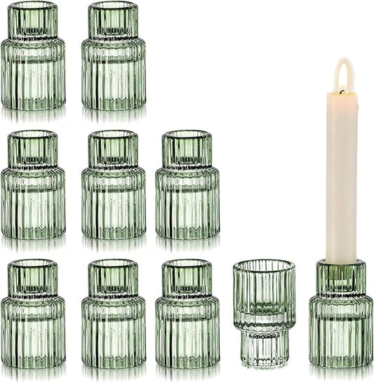 Glass Candle Sticks Holder Decor: Crystal Green Glass Candle Holder Set of 10 Modern Taper Candle Holders for Table Centerpiece Ribbed Tapered Candlestick Holders for Dining Room Decoration Valentines
