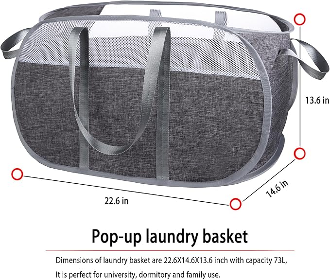 Pop-Up Laundry Basket, Collapsible Mesh Laundry Hamper – With Extended Shoulder Straps, Sturdy Handles, and Premium Cationic Fabric (gray)…