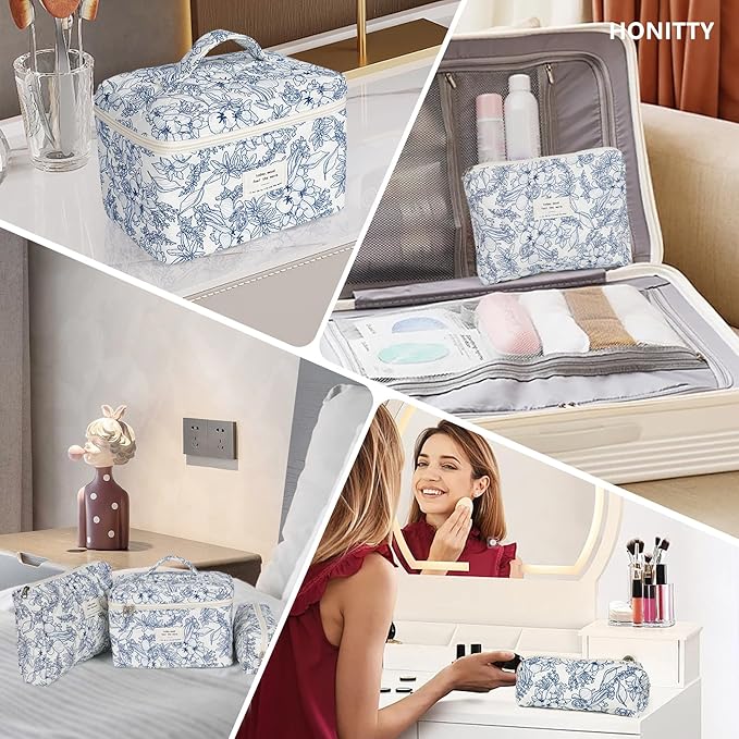 Makeup Bag,Quilted Cosmetic Bags,Large Floral Make Up Organize bag,Makeup Bag Set for Women,Flower Travel Toiletry Bag