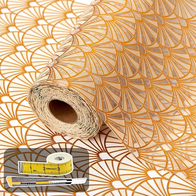 Shelf and Drawer Liner for Kitchen Cabinet,Non-Adhesive Waterproof Oil-Proof Easy Clean Shelf Liner for Dresser & Bathroom Vanities with Adhesive Dots & Cutting Tool(12 in X 20 Ft Gold Fish Scale)