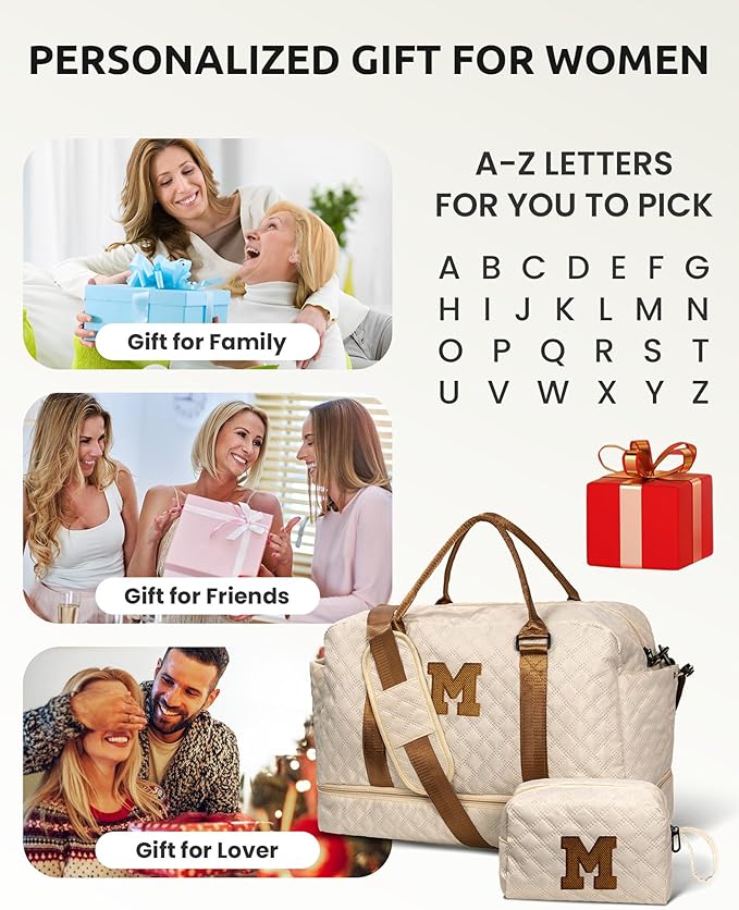 Valentines Initial Duffle Bag with Shoe Compartment, Personalized Weekender Bag, Monogram Overnight Bag for Women with Trolley Sleeve & Wet Pocket, Travel Bag with Makeup Bag (Letter K)