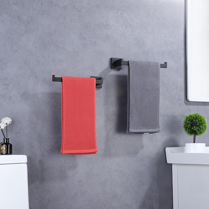 LANC Bathroom Hand Towel Holder 10 Inch Matte Black Hand Towel Bar 2 Pack Left and Right Side Square Towel Ring for Kitchen Toilet Wall Mount Stainless Steel Modern Towel Rack, A8806MB-LRP2