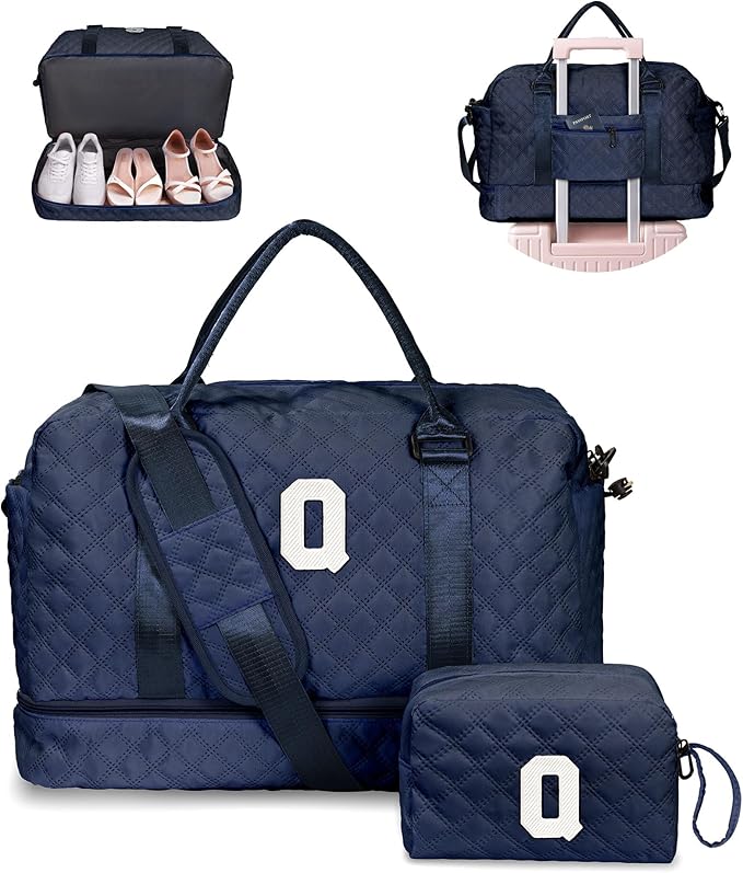Bags for Women College Gifts - Initial Duffle Bag with Shoe Compartment, Weekender Bag, Monogram Overnight Bag, Letter Travel Bag with Makeup Bag, Bachelorette Gifts for Bride (Letter Q)