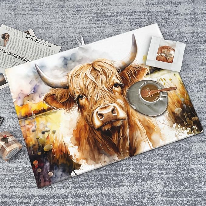 Watercolour Cow Head Dish Drying Mat XL Microfiber Kitchen Drying Mat Large Dish Drying Mats for Kitchen Counter Absorbent Quick Drying Pad 18x24 Inch
