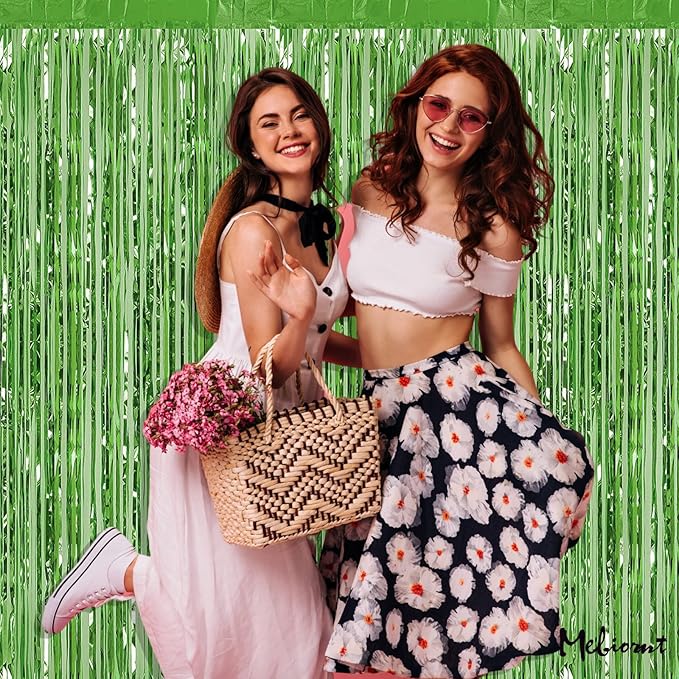 4 Pack Fringe Curtain Backdrop, 3.2Ft x 8.2Ft Light Green Metallic Tinsel Foil Fringe Streamers Background for Photo Booth Birthday Wedding Baby Shower Carnival Easter Mother’s Day Party Decorations