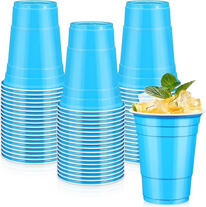 LANLISA 100 Blue Plastic Cups, 16 oz Disposable Cups, Drinking Cups For Party Supplies