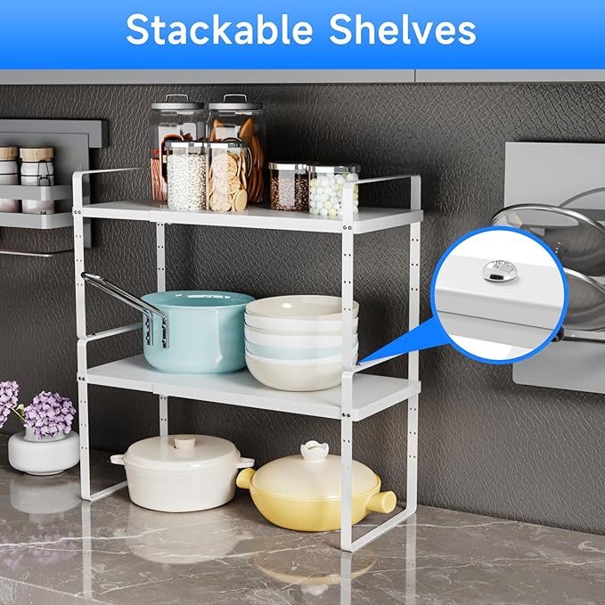 KIKIBRO Expandable Cabinet Shelf Organizer, Stackable Kitchen Pantry Counter Storage, Adjustable Closet Cupboard Stand Rack Risers, Spice Organization, 80LBS Heavy Duty, White, Large, 2 Pack