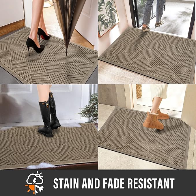 Sturdy Front Door Mat, Absorbent Muddy Dirt Resist Welcome Door Mats Outdoor Indoor, Stain and Fade Resistant, Non-Slip Rubber Backing Low Profile Doormat for Entryway, 36×24, Beige