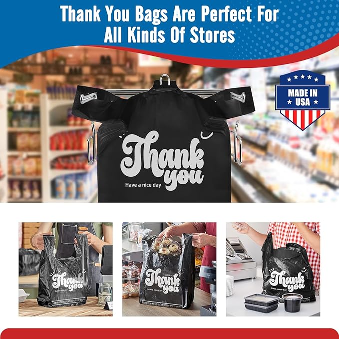 Fuxury Thank You Plastic T-shirt Bags Black 84000 Count (84 Boxes, 1000 Count/Box) Pallet Package for Small Business, Grocery, Takeout, To Go, Retail Shopping Bags in Bulk