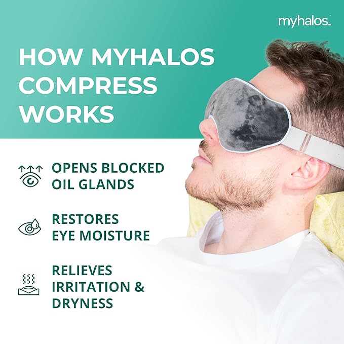 MyHalos® Eye Mask for Dry Eyes - Steam Warm Compress for Eyes - Remove Styes, Chalazion Therapy Warming and Heating Pad Hot Compress - Moist Heat Mask for Blepharitis & MGD