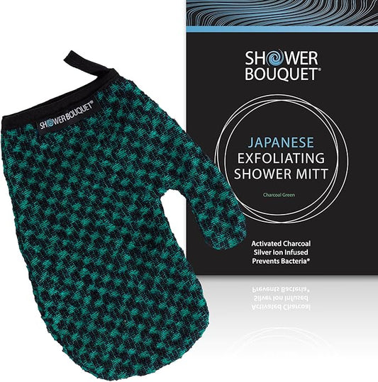 Japanese Exfoliating Mitt for Shower [Green] - Charcoal & Silver Ion Exfoliating Glove - Gentle Exfoliation & Deep Cleansing Shower Mitt - Exfoliating Body Scrubber Glove, Soft Fabric Inside