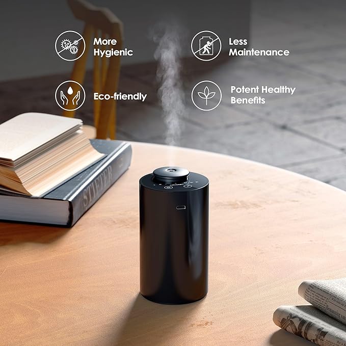 Waterless Diffuser for Essential Oil, Battery Operated Nebulizer, 0.7 Fl.Oz./ 20mL Capacity, Mini Scent Air Machine, 3 Countdown Timers & 3 Mist Levels for Home, Room, Car, Office, AN6 + Extra Nozzle