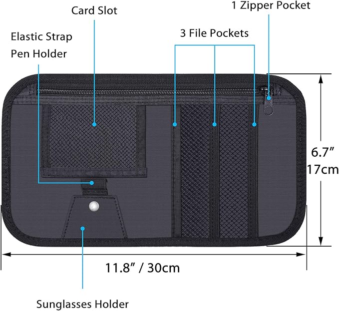 Car Sun Visor Organizer, Wisdompro Vehicle Interior Accessories Storage Pouch Auto Registration Holder with Elastic Strap for Sunglass, Documents, Cards, Pen, Drivers License, etc. (Black)