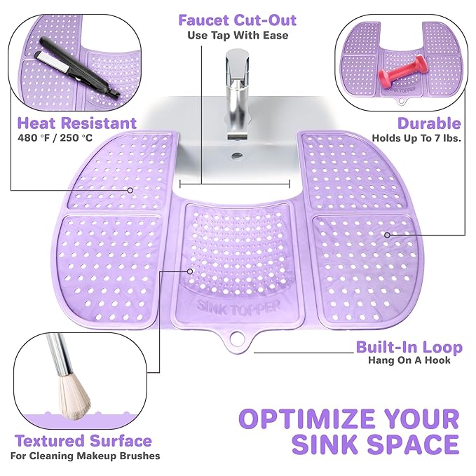 Sink Topper Bathroom Sink Cover for Counter Space & Storage Saver | RV Must Haves | Silicone Foldable Beauty Makeup Brush Cleaning Mat | Hot Tools Organizer | RV Sink Cover | Large, Lavender