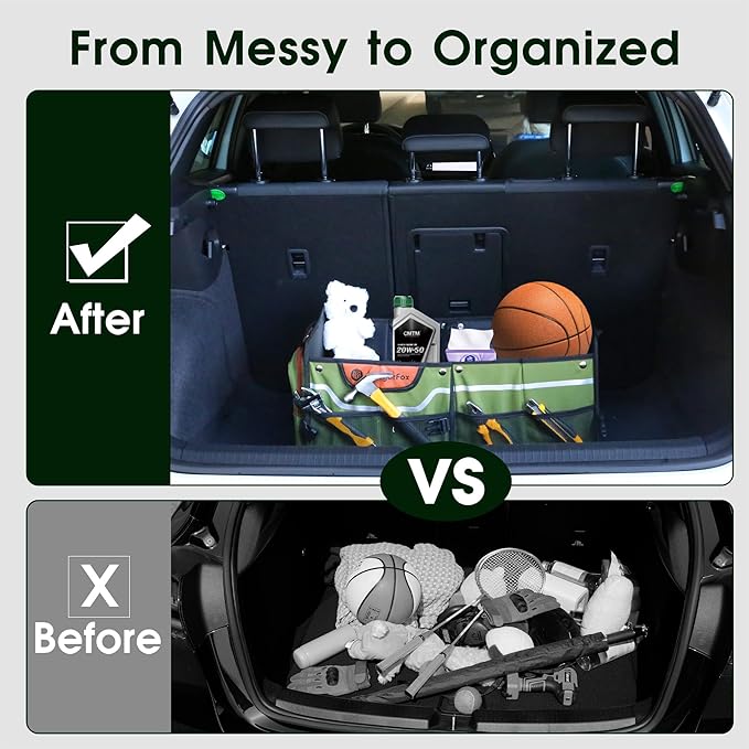 Car Trunk Organizer for SUV, 70L Heavy Duty Waterproof Trunk Organizer, Foldable Vehicle Organizer with Anti-Slip Base, 24”x13.8”x11.8”, GREEN-M003