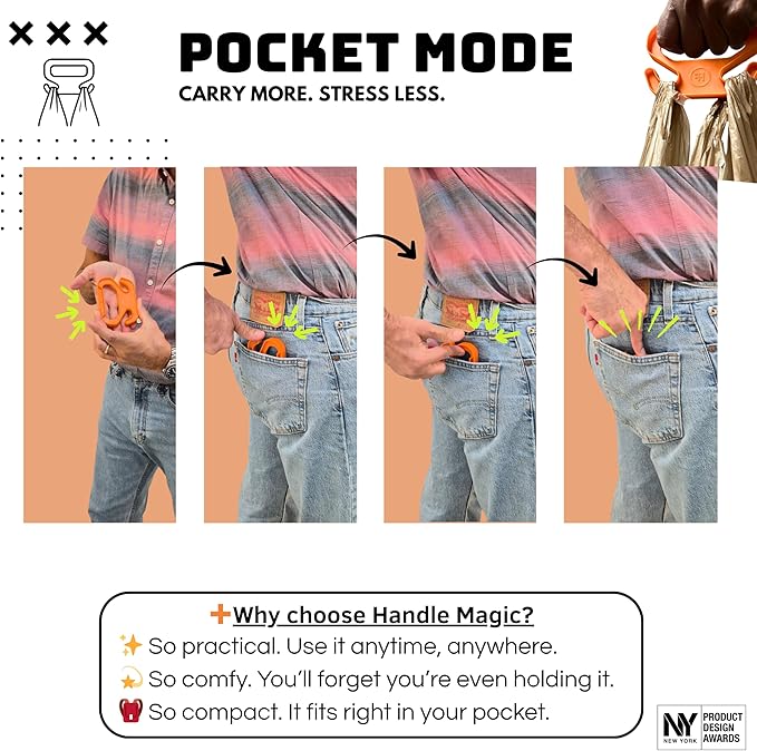 Handle Magic (7 Units) Bag Carriers | Ergonomic Grip and Bag Holder | Pocket Size | Lightweight & Comfortable for Shopping & Travel - Made in USA (Seven Colors)