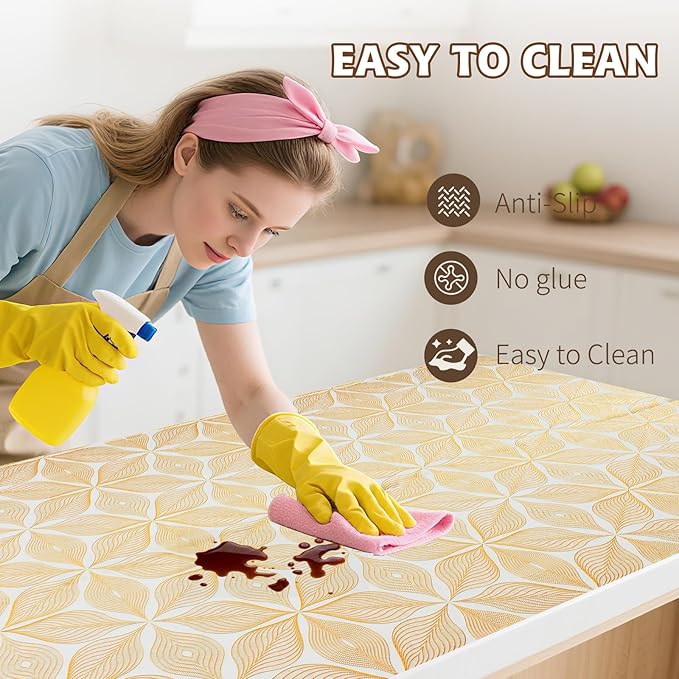 Drawer and Shelf Liner for Kitchen Cabinet,Non-Adhesive Waterproof Drawer Liner for Dresser & Bathroom Vanities with Adhesive Dots & Cutting Tool(12 in X 30 Ft Gold Leaf Pattern)