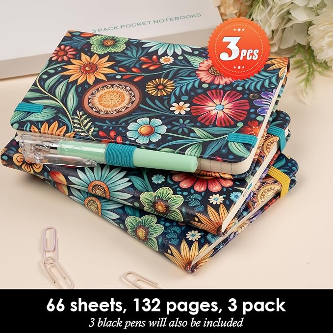 3 Pack Pocket Journal Notebook, Aesthetic Mini Small Notebook with Pen, Floral Print Cover, A6 (3.7" x 5.7"), 100GSM Lined Paper, Notepad for Girls/Kids/Women Note Taking Writing