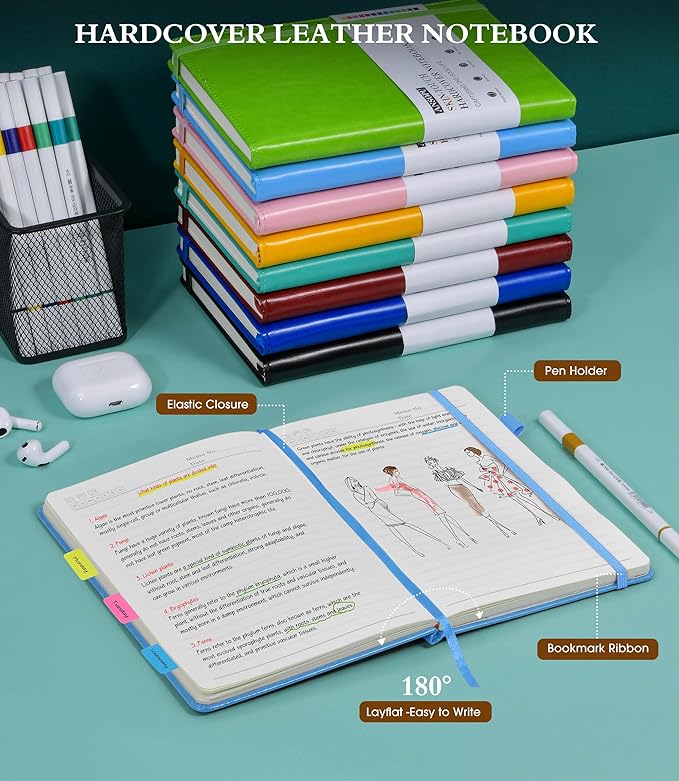 Lined Journal Notebook for Writing, A5 100 GSM Thick Paper, Leather Hardcover Journal for Woman Men, Travel Journal Diary 160 Pages (5.75'' X 8.38'' Lightblue)