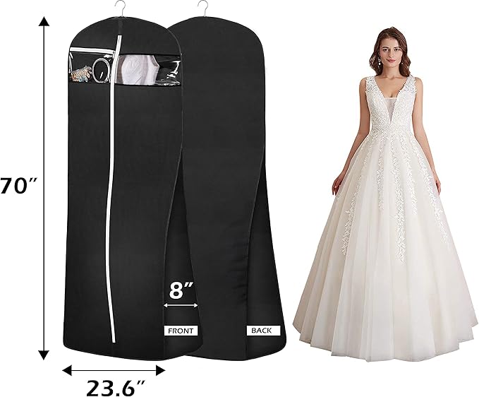 MISSLO 70" Bridal Wedding Gown Dress Garment Bag with Accessories Pouch Large Travel Garment Cover 8" Gusset (Black)