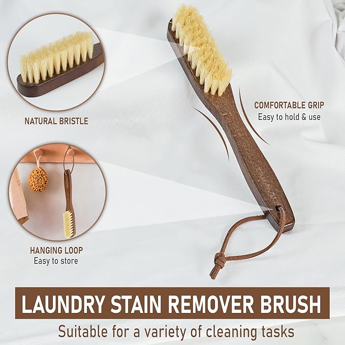 Takavu White Boar Bristle Laundry Stain Brush Set (2 Pack) - Small Spot Cleaner Scrubber for Clothes