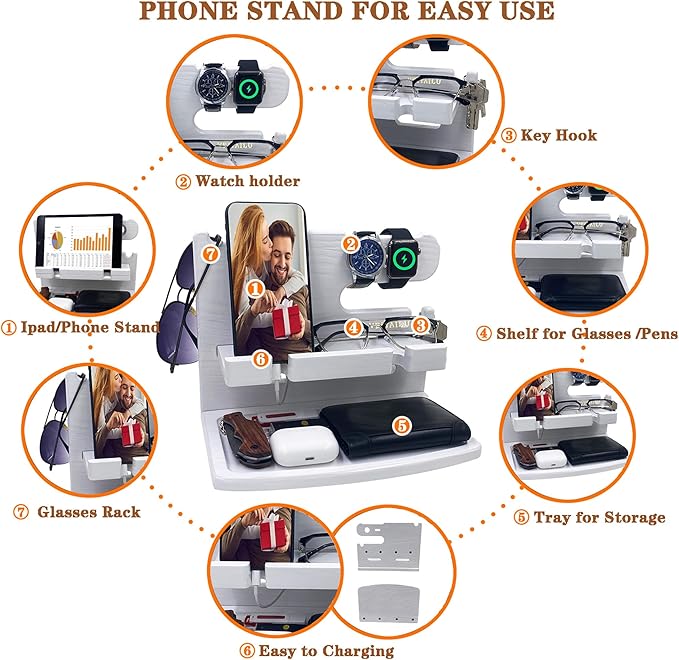 Gifts for Women Girlfriend Him Men Dad Husband Boyfriend Nightstand Organizer Wood Phone Docking Station(White)