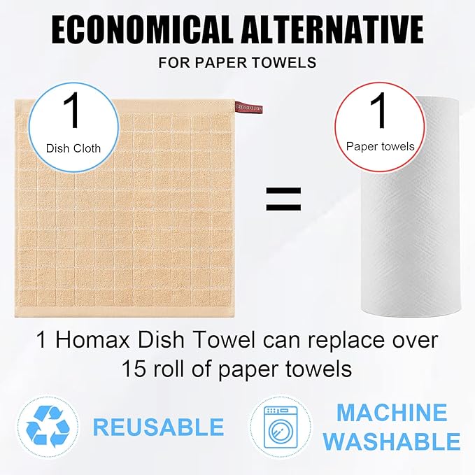 Homaxy 100% Cotton Terry Kitchen Dish Cloths, Ultra Soft and Absorbent Dish Towels for Kitchen, Suitable for Drying and Washing Dishes, 8 Pack, 12 x 12 Inches, Apricot