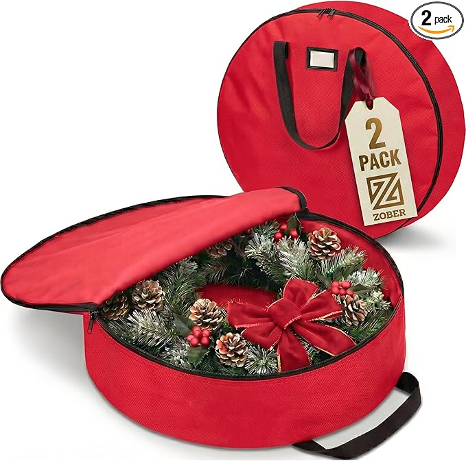 ZOBER 2 Pack Oxford Christmas Wreath Storage Container 24 Inch - Wreath Bag for Artificial Wreaths Box - Waterproof Fabric, Dual Zippered Wreaths Storage Bag With Strong Durable Handles - Red