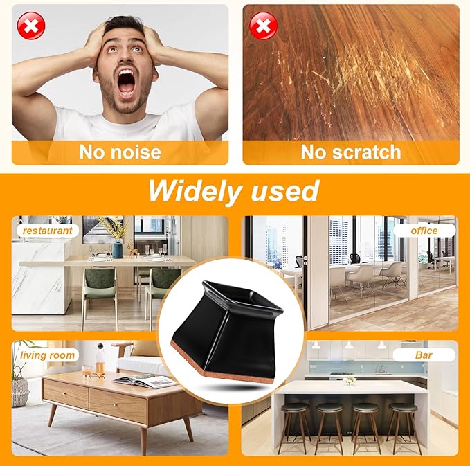 CHUNZEXI 16 Pack Square Chair Leg Floor Protectors for Hardwood Floors, Silicone Felt Covers Pads Caps, Protect Wood Furniture Feet, Floors, Reduce Noise and Scratches (Square Large & Black)