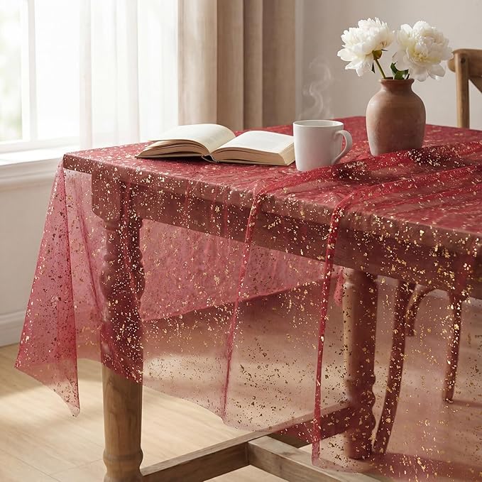 Horaldaily Burgundy Gold Gauze Tablecloth 60x120 Inch Rectangular, Golden Sequin Glitter Metallic Foil, Sheer Tulle Cheesecloth for Wedding Baby Shower Ceremony Birthday