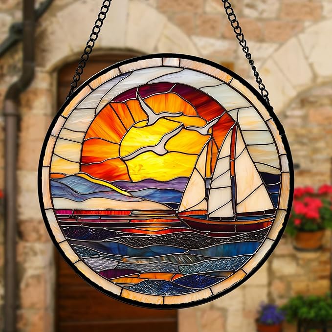 Stained Glass Window Hanging, Sun Ocean Sailboat Seagull Abstract Suncatcher Diamond Glass Panel Sun Catchers Decor for Birthday for Women, Men, Wife, Aunt, and Mom 6.3 in