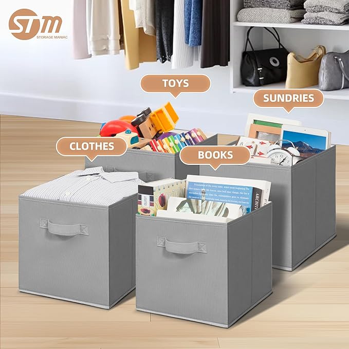 Storage Cubes - STORAGE MANIAC, 11 Inch Collapsible Storage Bins with Handles, 6 Pack Fabric Foldable Bins for Organization, Durable Storage Bins for Closet, Shelves, Offices, Toys, Grey