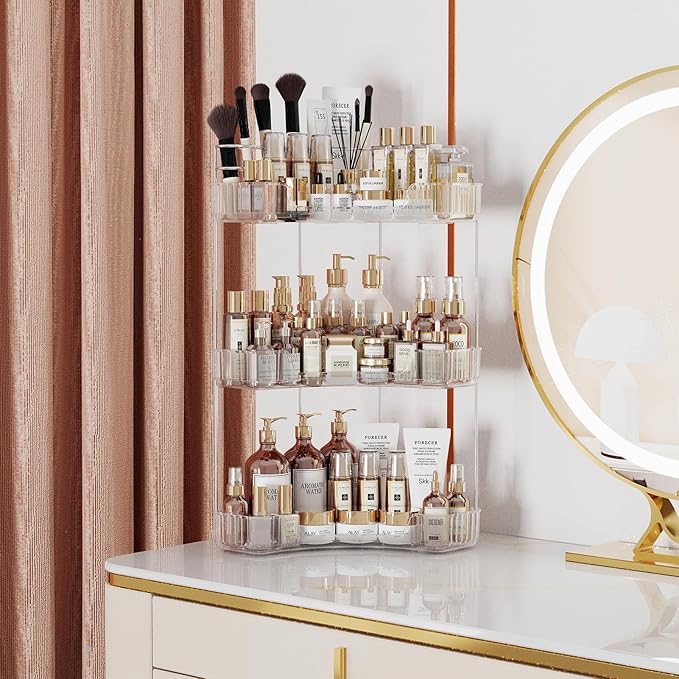 3-Tier Corner Bathroom Counter Organizer with Top Toothbrush Holders, Large Makeup Organizer Countertop with Brush Holder, Skincare Organizers Corner, Exquisite Vanity Organizer (Clear, 3 Tier)