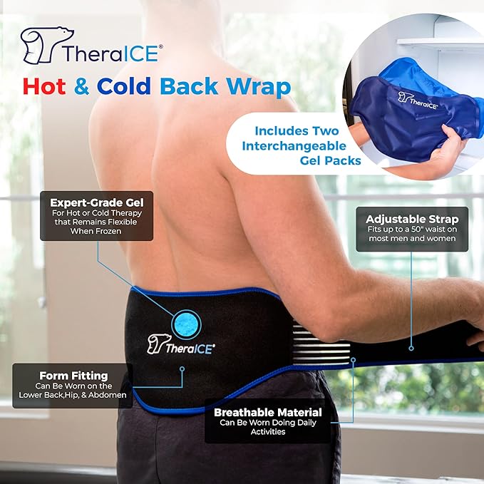 TheraICE Ice Pack for Back Brace for Lower Back Pain | 2 Hot or Cold Therapy Pain Relief Products for Sciatica, Herniated Disc., Lumbar Relief | 2 Heating Pads for Men or Women
