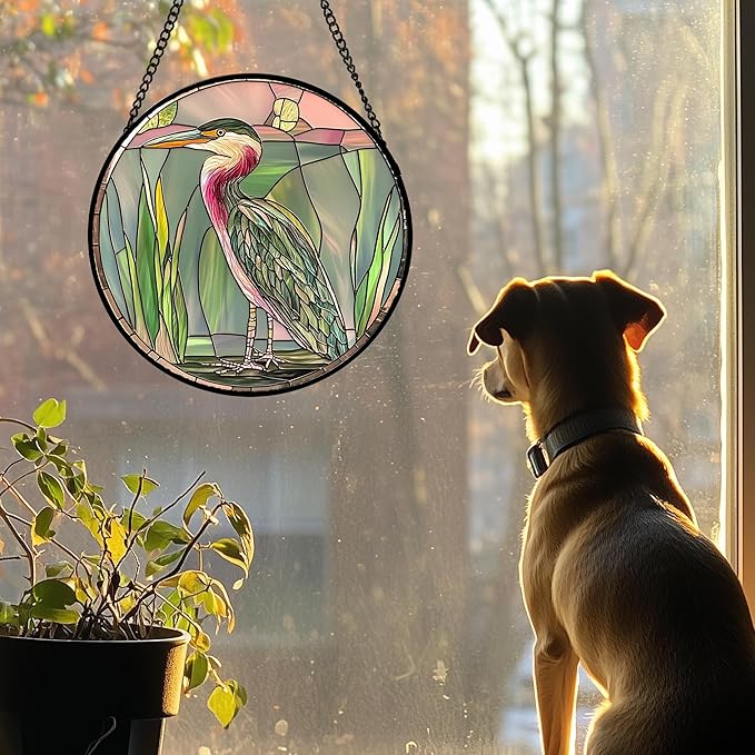 Stained Glass Window Hanging 4 Pcs Set Cute Animal 6.3"- Green Plant Pink Suncatcher Door Garden Sun Catcher Decor Birthday Christmas for Mom Woman Nana Men Friend