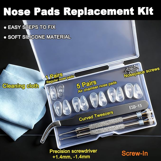5-Pairs Silicone Eyeglass Nose Pads, Pressure-Reducing Air Chamber Design | Screw-in Style Glasses Nose Pads Replacement Kit, Anti-Slip & Easy Install, Fit for Most Eyeglasses & Sunglasses