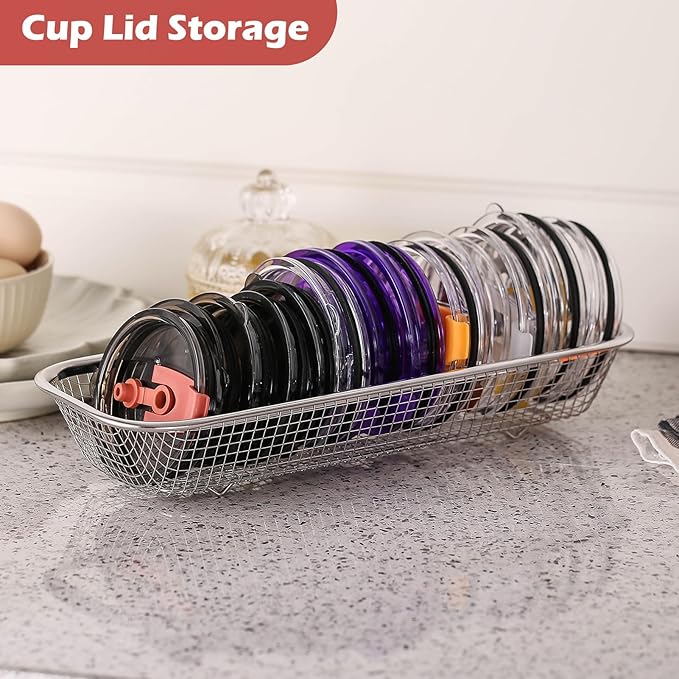 2Pack Stainless Steel Tumbler Cup Lid Organizer Inside Cabinet, Mason Jar Lid Holder, Rectangular Basket for Storage of Silverware, Chopsticks, straws and Utensils