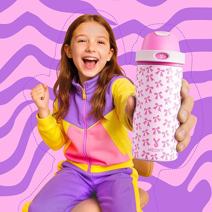 18 oz Kids Water Bottle for School: Meoky 18 oz Stainless Steel Insulated Water Bottle with 2-in-1 Straw and Spout Lid - Leak Proof, Fits in Car Cup Holder, BPA-Free for Teen Girls, Pink Bows