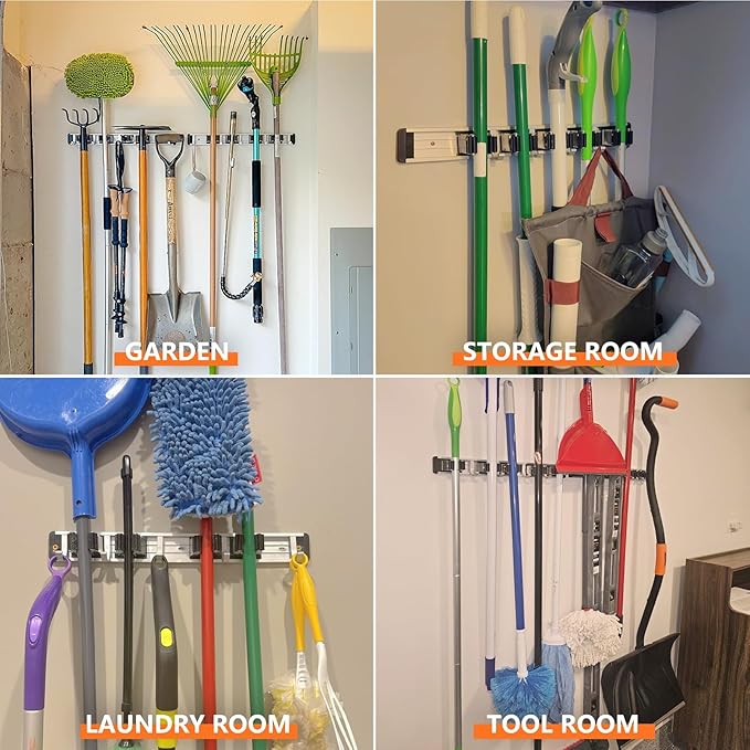 reliahom Broom Holder Wall Mount, 5 Racks with 4 Hooks Black - Mop Storage Tool Racks, Broom Hanger Tool Organizer for Garage, Kitchen, Garden, Laundry Room